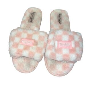 Juicy couture pink white checkerboard plush slippers large 9 10 retro y2k